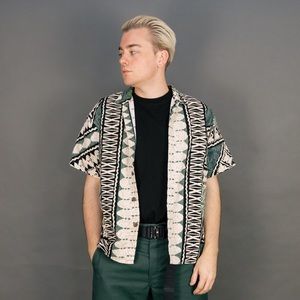 1990s Hawaiian green tan black button up 🏄🏼‍♂️